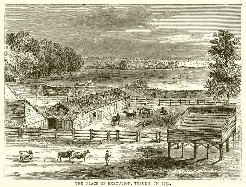 De executieplaats, Tyburn, in 1750 door English School