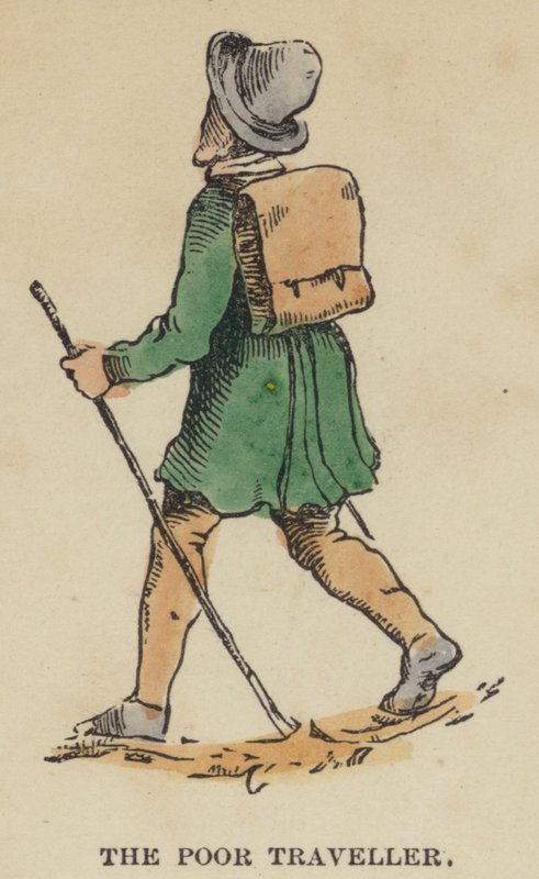 De Arme Reiziger (gekleurde gravure) door English School