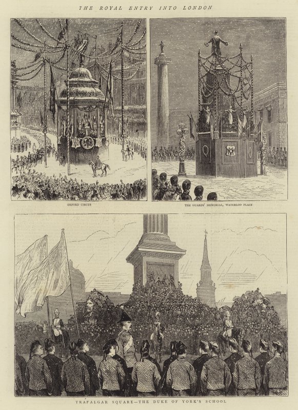De Koninklijke Intocht in Londen (gravure) door English School