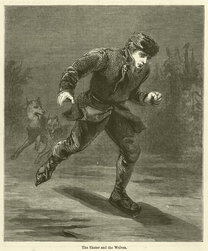 De schaatser en de wolven (gravure) door English School