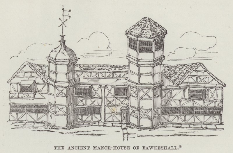 Het oude landhuis van Fawkeshall (gravure) door English School