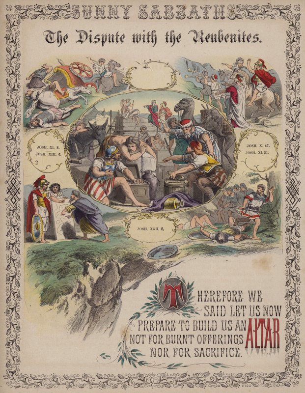 Het geschil met de Rubenieten (gekleurde gravure) door English School