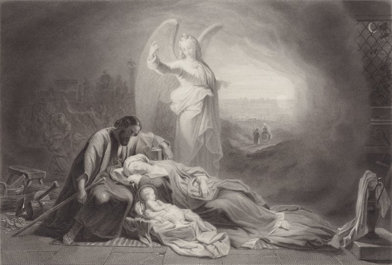 De vooravond van de vlucht (gravure) door English School