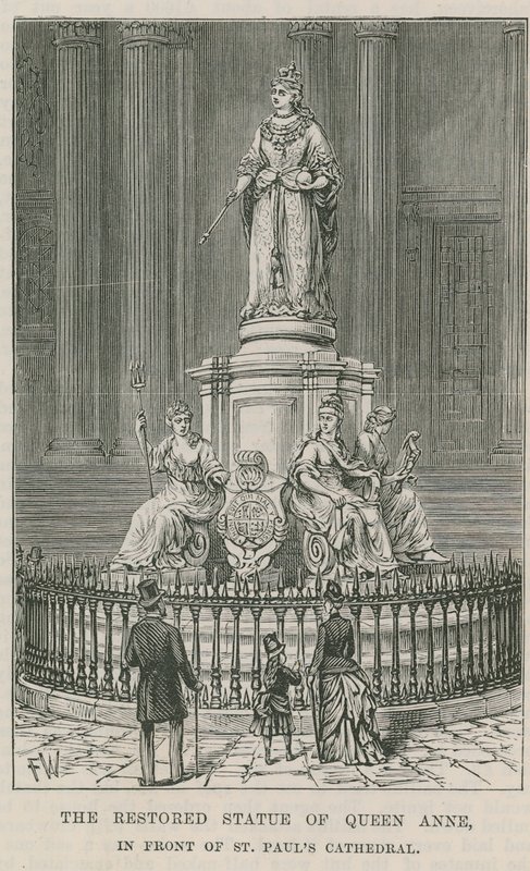 Het gerestaureerde standbeeld van Koningin Anne door English School