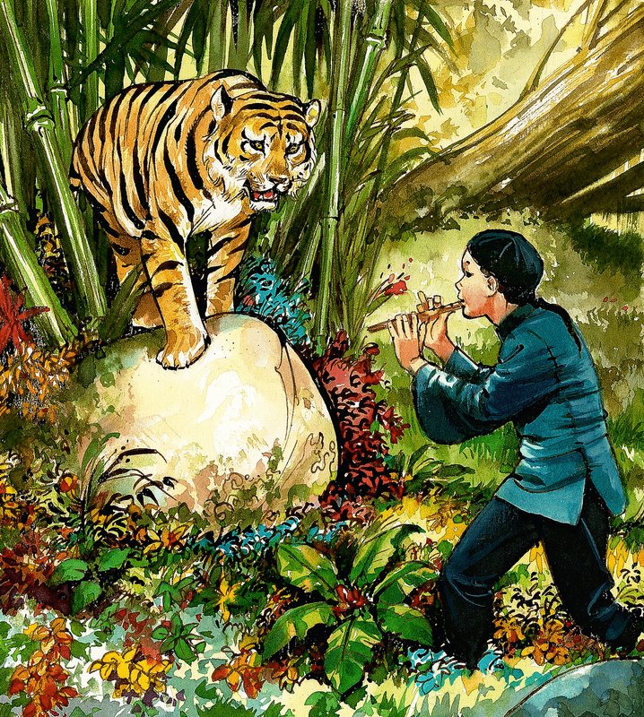 Tijger bespeeld op de fluit door English School