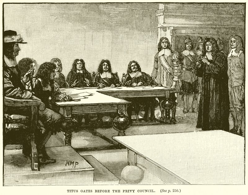 Titus Oates voor de Geheime Raad door English School