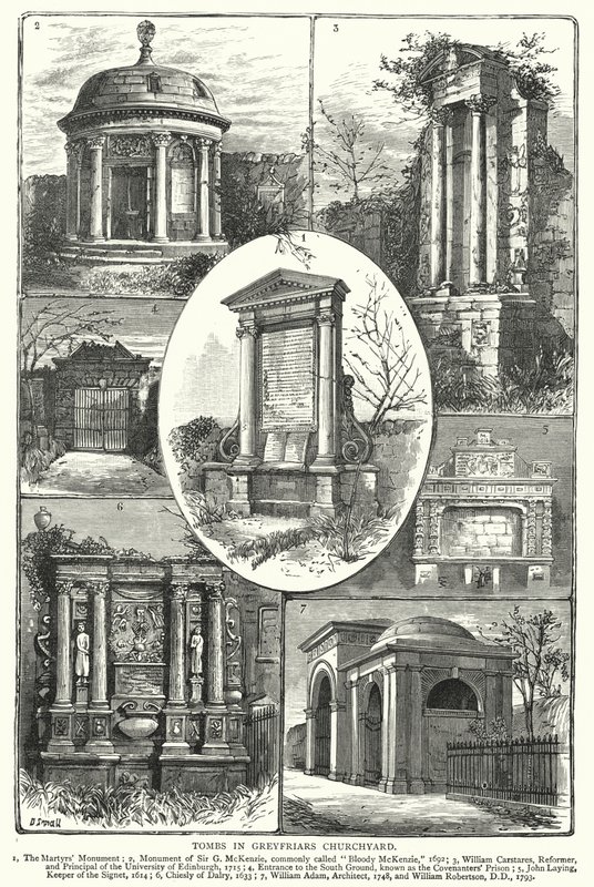 Grafstenen in Greyfriars Kerkhof (gravure) door English School
