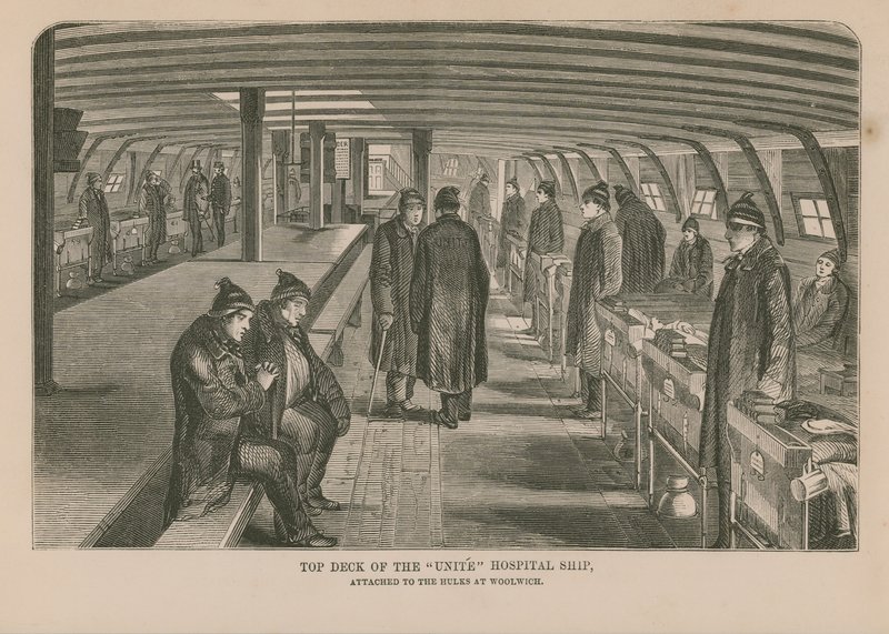 Bovendek van het Unite ziekenhuisschip door English School