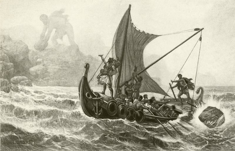 Odysseus tart de Cycloop (gravure) door English School