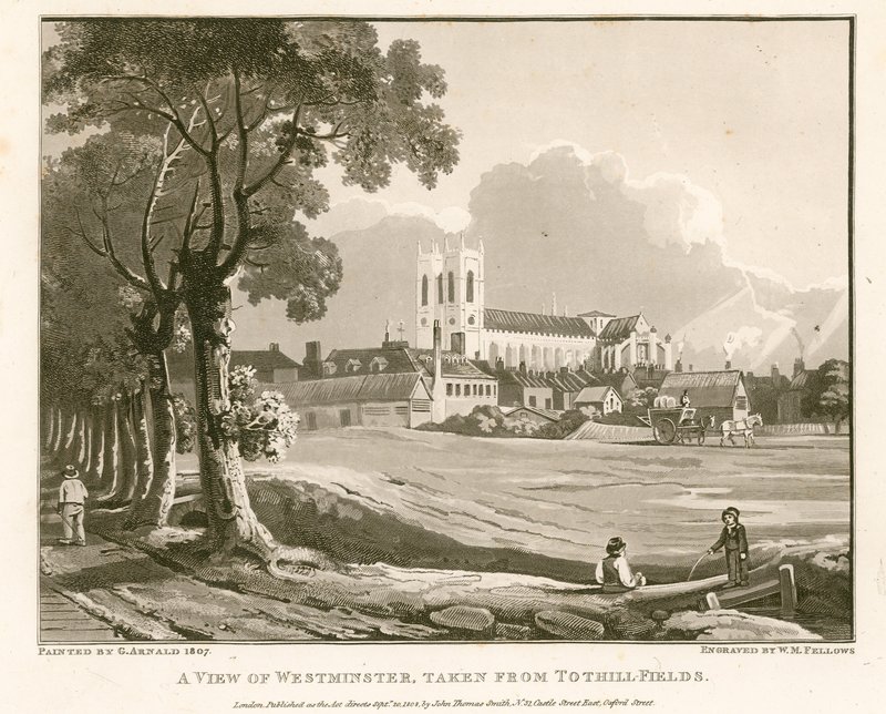 Uitzicht op Westminster vanaf Tothill Fields door English School