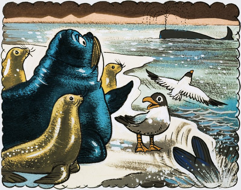 Walrus en meeuwen kijken naar walvis door English School