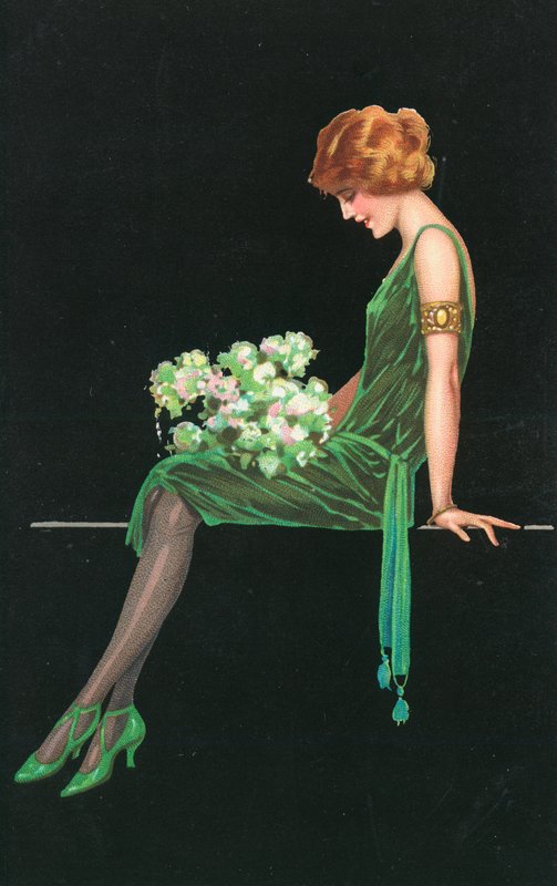 Vrouw in een groene jurk door English School