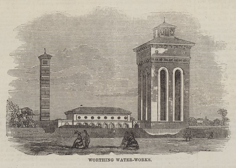 Worthing Waterwerken (gravure) door English School