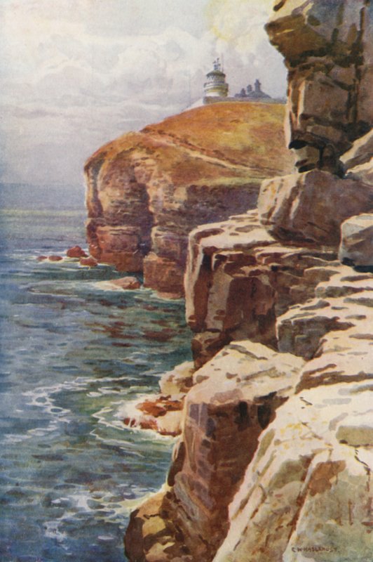 De vuurtoren, Anvil Point (kleur litho) door Ernest William Haslehust