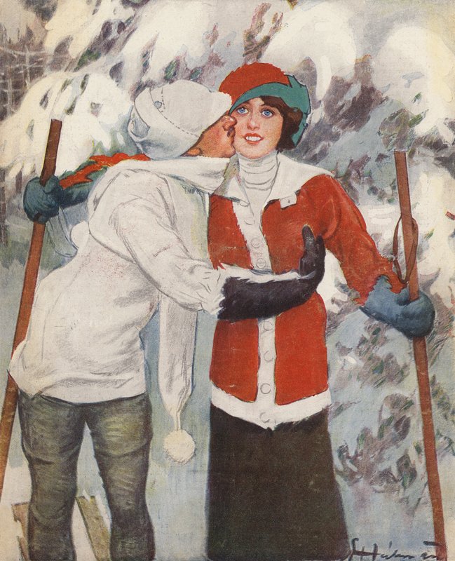 Koppel skiën in de winter door Ernst (after) Heilemann