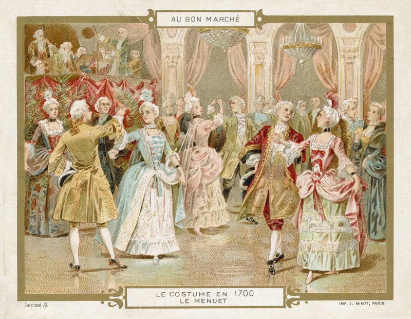 Kostuum in 1700: het dansen van de minuet door European School