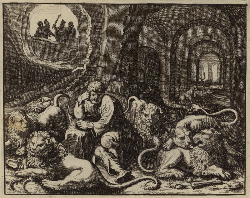 Daniel in de leeuwenkuil (gravure) door European School