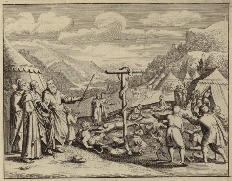 Mozes en de koperen slang (gravure) door European School