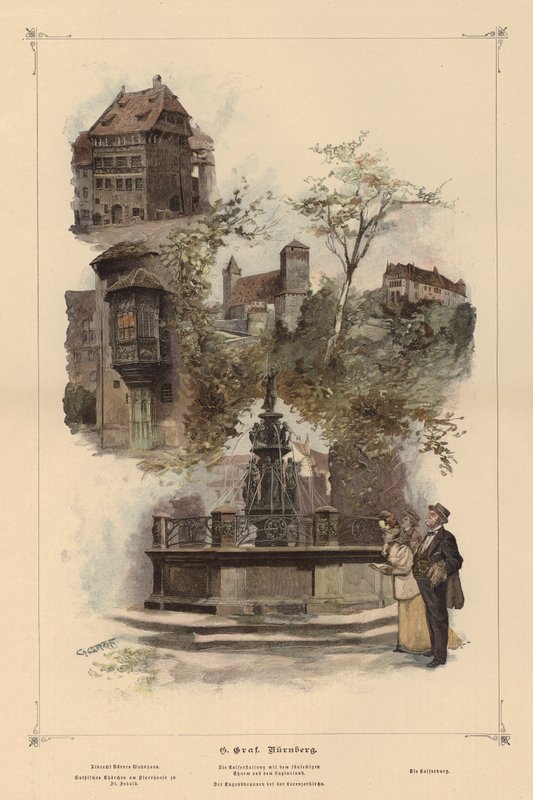Prominente gebouwen in Neurenberg, Duitsland (gekleurde gravure) door European School