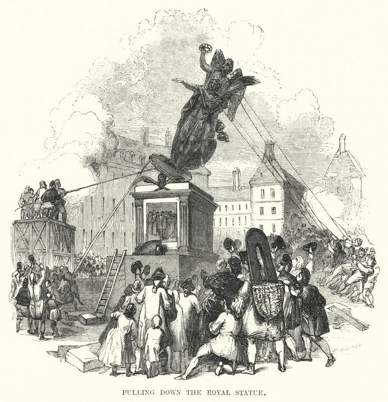 Het neerhalen van het koninklijk standbeeld (gravure) door European School