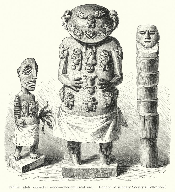 Tahitiaanse afgoden, uit hout gesneden (gravure) door European School