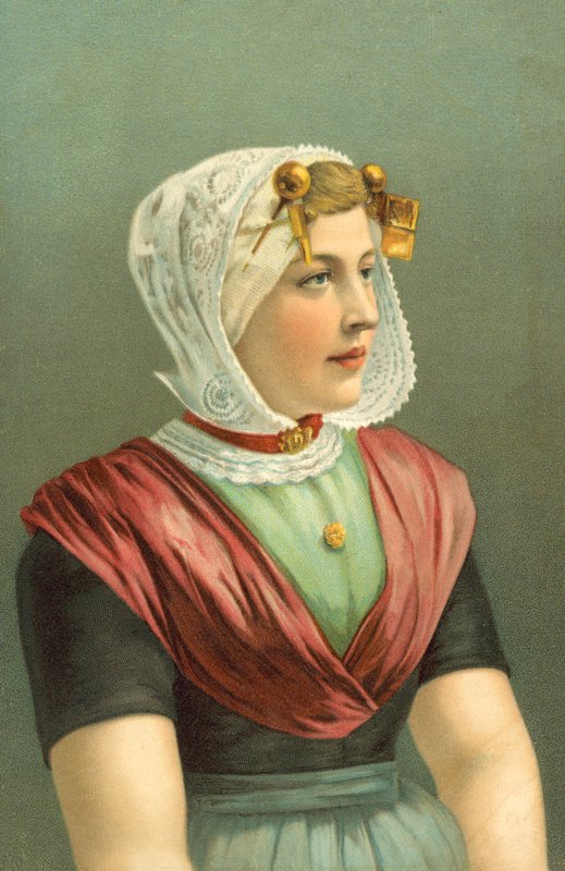 Vrouw in klederdracht (kleurenlitho) door European School