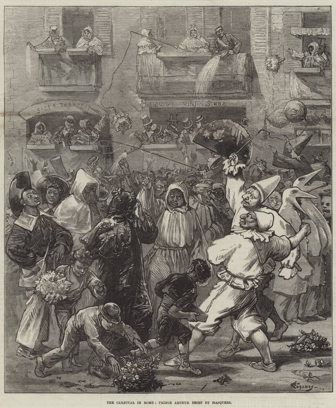 Het carnaval in Rome, prins Arthur belaagd door gemaskerden door Felix Regamey