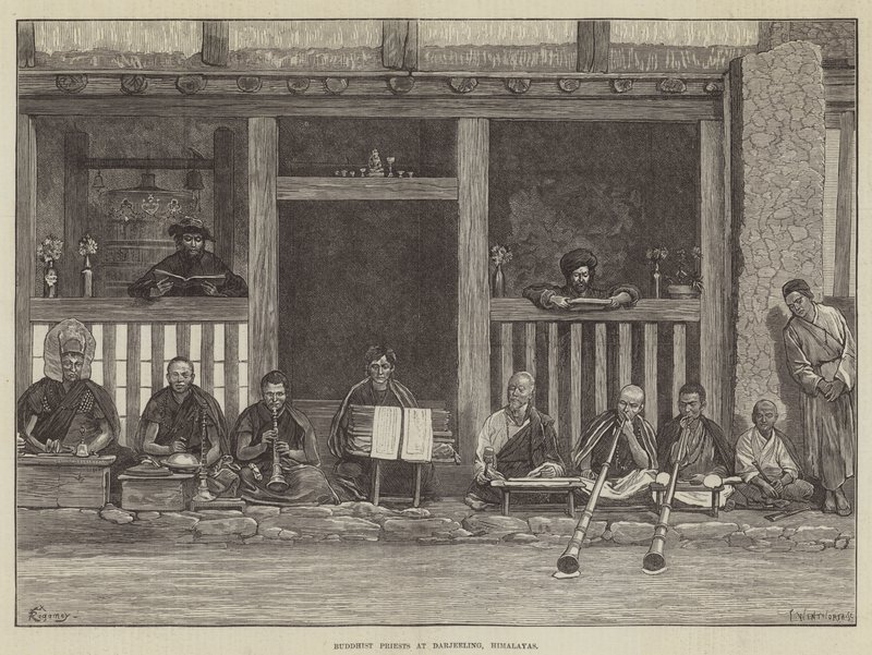Boeddhistische priesters in Darjeeling, Himalaya door Felix Regamey