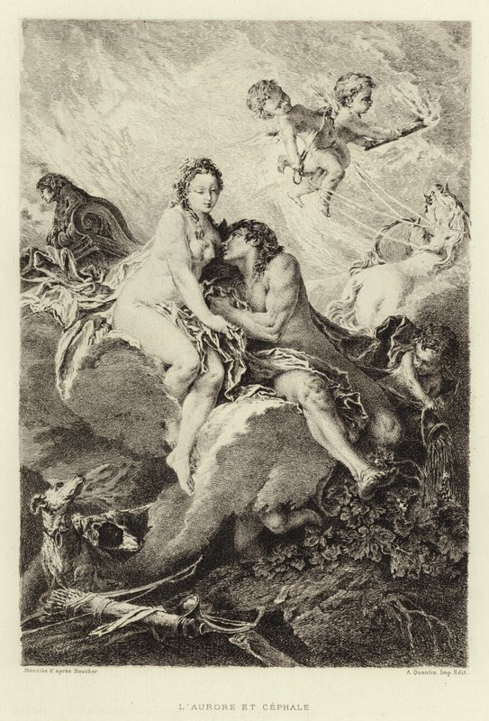 De dageraad en Cephalus (gravure) door Francois (after) Boucher