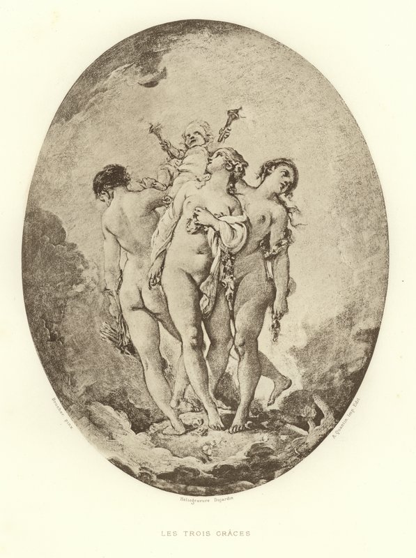 De drie Gratiën (gravure) door Francois (after) Boucher