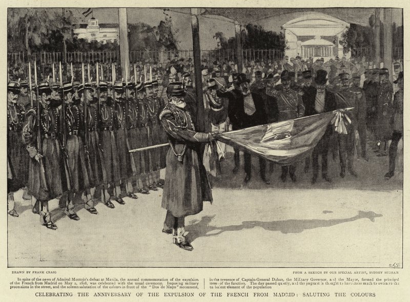 Viering van de Verjaardag van de Verdrijving van de Fransen uit Madrid, groetend de Kleuren door Frank Craig