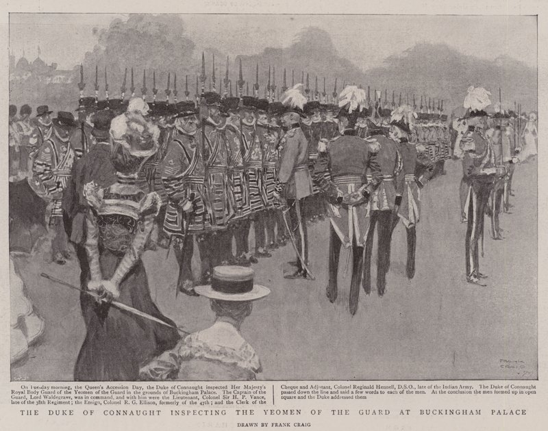 De Hertog van Connaught inspecteert de Yeomen of the Guard bij Buckingham Palace door Frank Craig