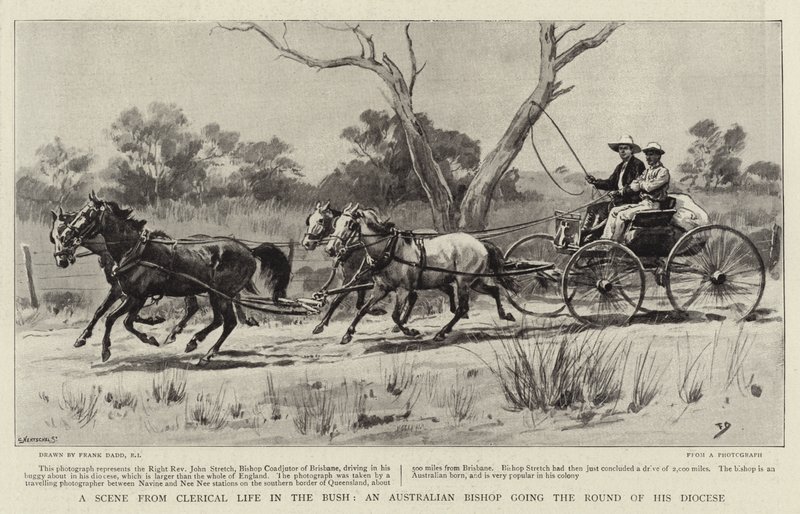 Een scène uit het geestelijke leven in de bush, een Australische bisschop die zijn bisdom rondgaat door Frank Dadd