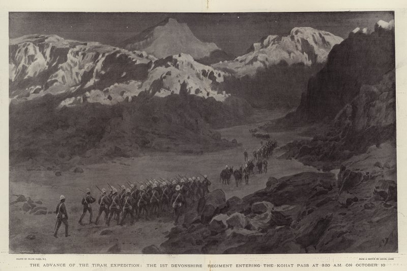 De opmars van de Tirah-expeditie, het 1e Devonshire Regiment betreedt de Kohat-pas om 3:30 uur op 10 oktober door Frank Dadd