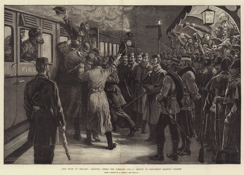 De Staat van Ierland, gearresteerd onder de Coercion Act, een schets op Roscommon Railway Station door Frank Dadd