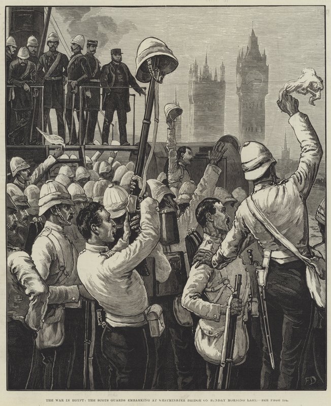 De Oorlog in Egypte, de Scots Guards gaan aan boord bij Westminster Bridge op zondagochtend door Frank Dadd