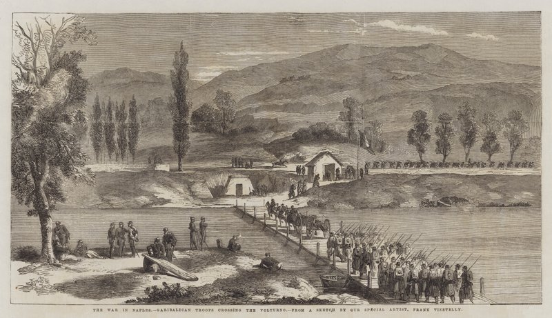 De Oorlog in Napels, Garibaldi-troepen steken de Volturno over door Frank Vizetelly