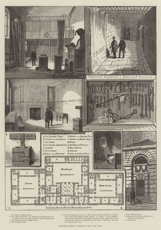 Newgate Prison, interieur en plattegrond door Frank Watkins