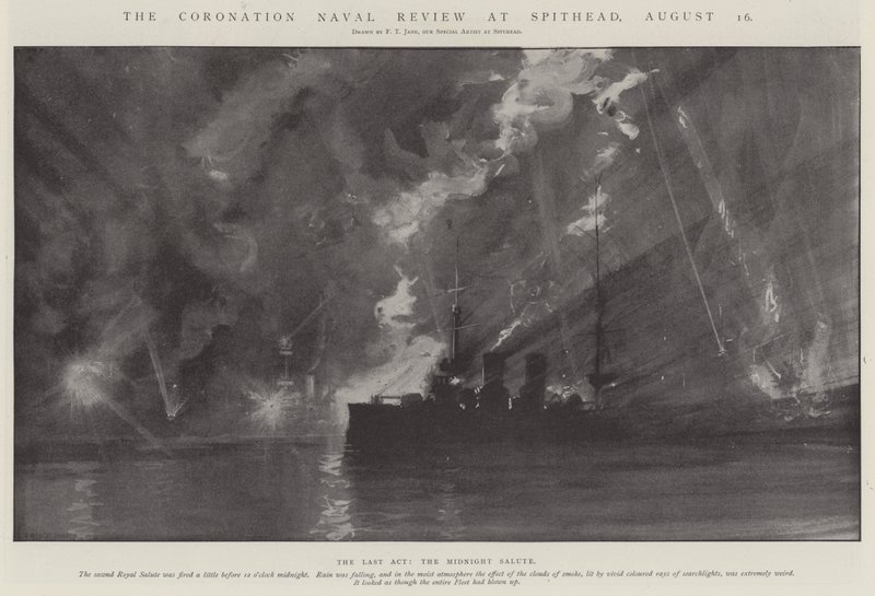 De kroningsvlootrevue bij Spithead, 16 augustus door Fred T. Jane