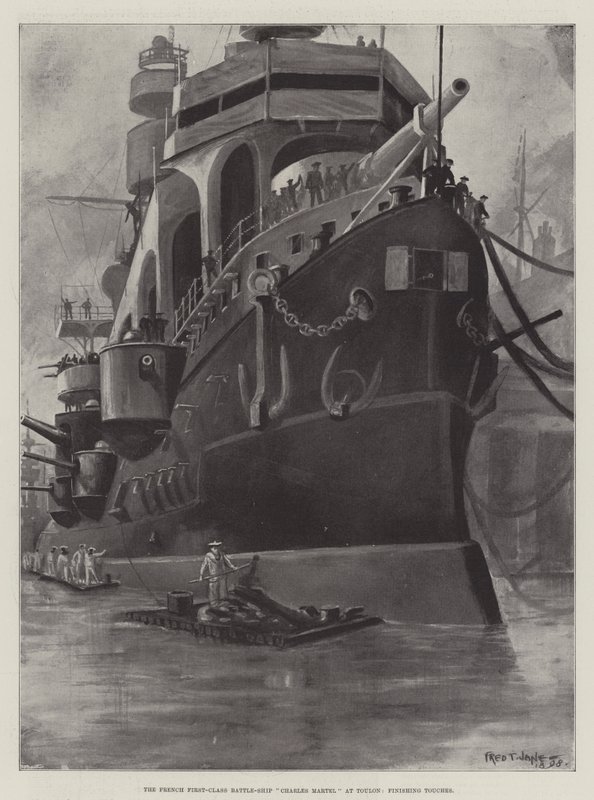 Het Franse eersteklas slagschip Charles Martel in Toulon, laatste hand door Fred T. Jane