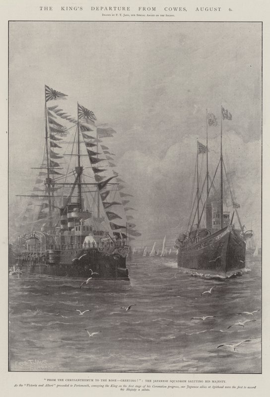 Het vertrek van de koning uit Cowes, 6 augustus door Fred T. Jane