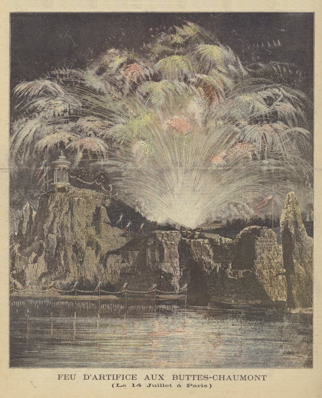 Vuurwerk op de nationale feestdag in het Parc des Buttes-Chaumont, Parijs door French School