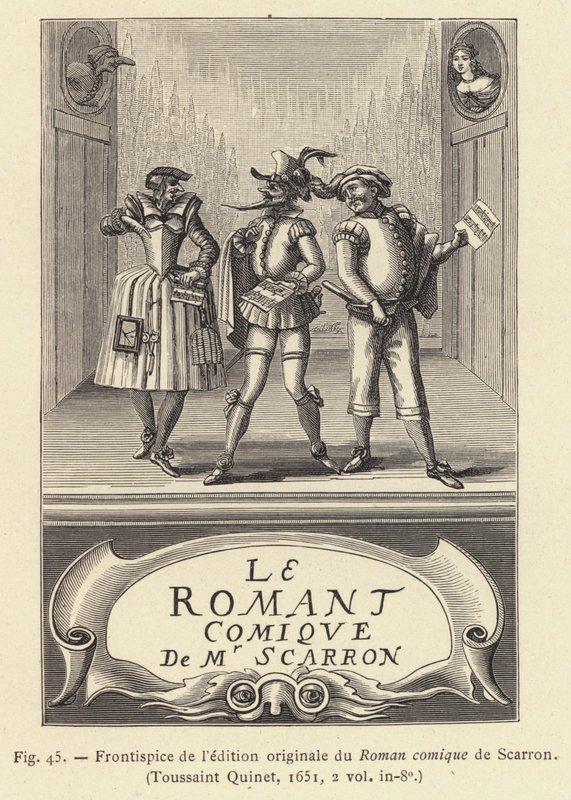 Frontispice van de originele editie van de Roman comique van Scarron door French School
