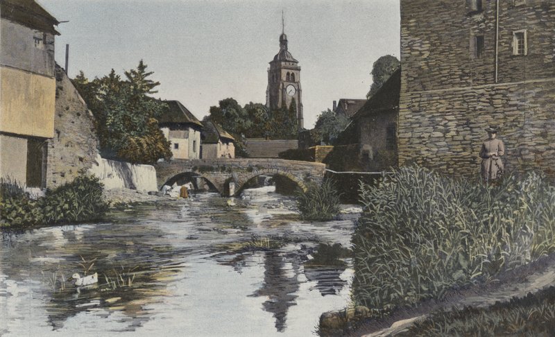 Arbois, kerk en brug over de Cuisance door French Photographer