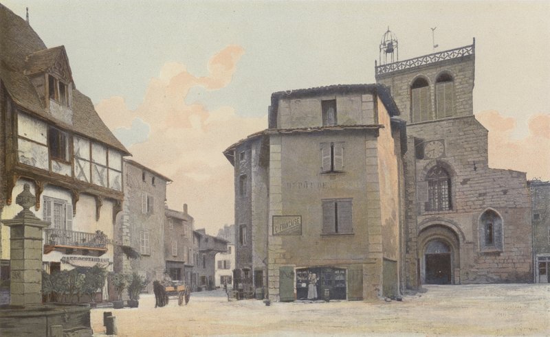 Courpiere, Kerk, Westgevel, en Plein door French Photographer