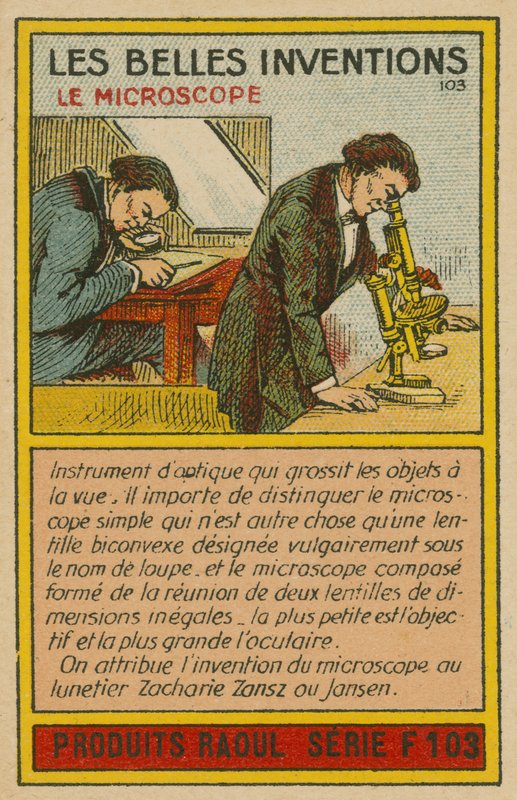 Kaart van mooie uitvindingen, microscoop door French School