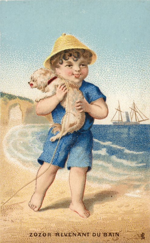 Jongen met hond op strand door French School