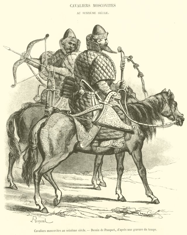 Moskovitische ruiters in de zestiende eeuw (gravure) door French School
