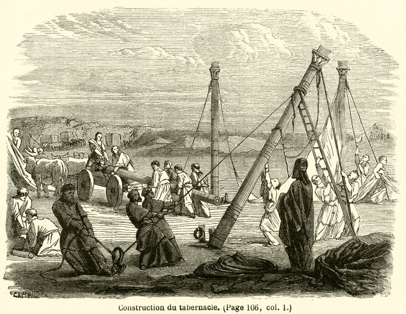 Bouw van het tabernakel (gravure) door French School