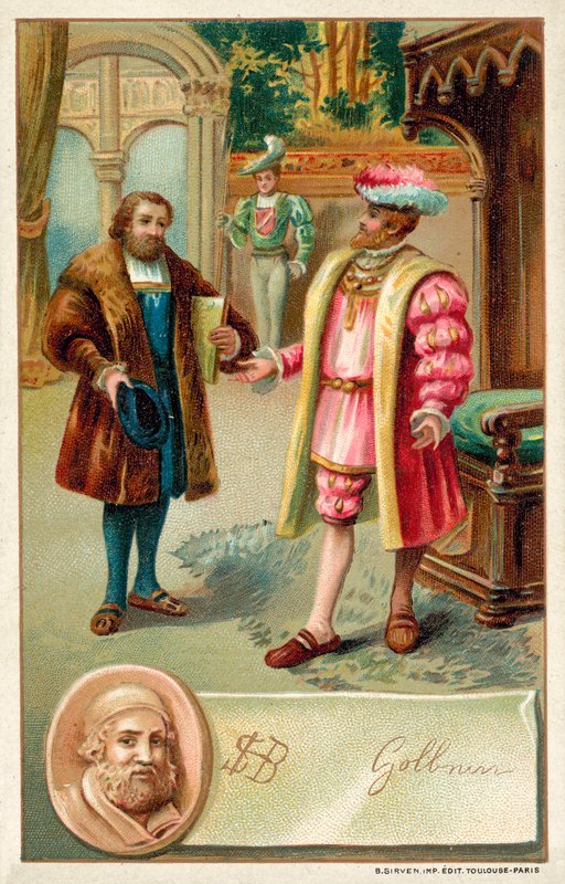 Hans Holbein met koning Hendrik VIII (chromolitho) door French School